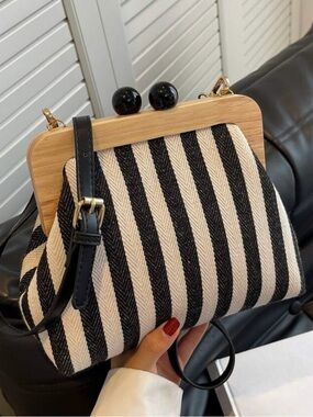 Striped Black and Cream Frame Crossbody Bag